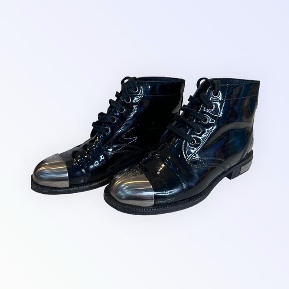 Chanel Patent Leather Metal Toe CC Boots 37 - Picture 3 of 9